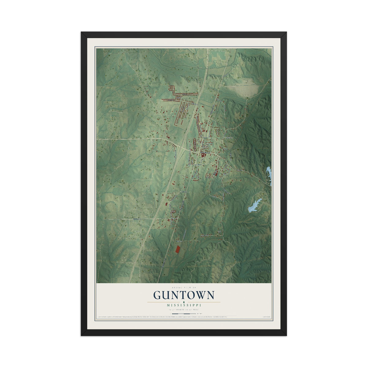 Map of Guntown, Mississippi, 12 x 18 inch print in a black wood frame