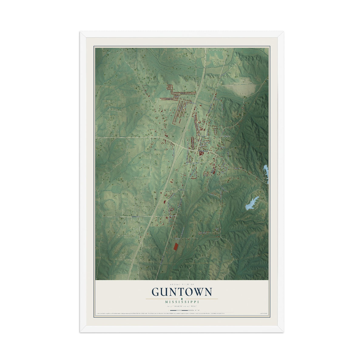 Map of Guntown, Mississippi, 12 x 18 inch print in a white wood frame