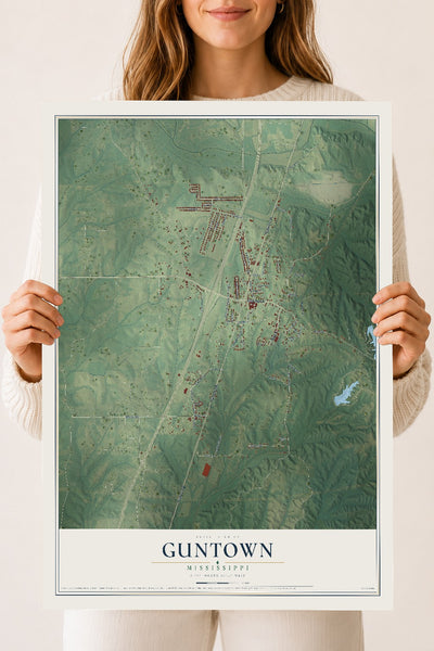 Map of Guntown, Mississippi, 18 x 24 inch unframed archival matte print