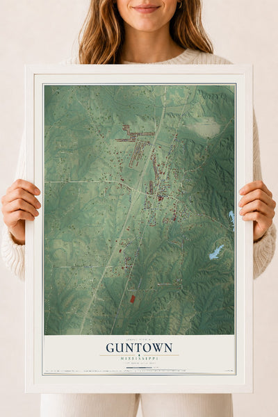 Map of Guntown, Mississippi, 18 x 24 inch print in a white wood frame