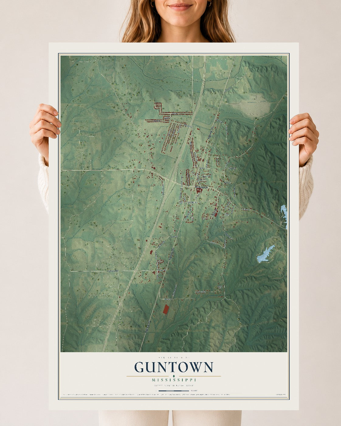 Map of Guntown, Mississippi, 24 x 36 inch unframed archival matte print