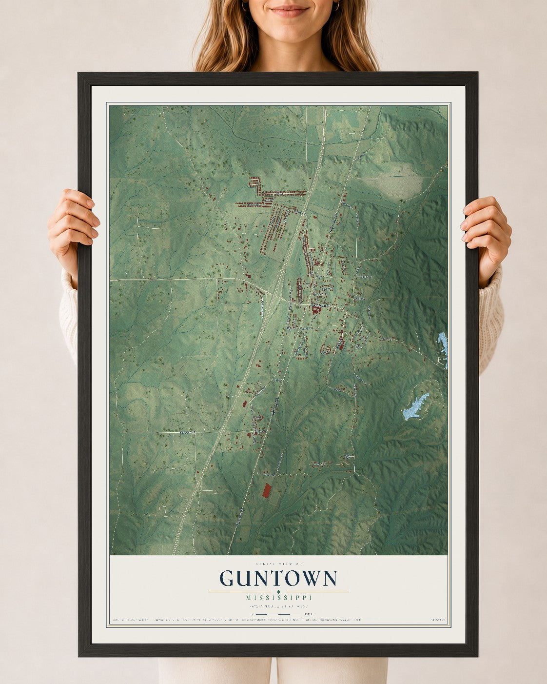 Map of Guntown, Mississippi, 24 x 36 inch print in a black wood frame
