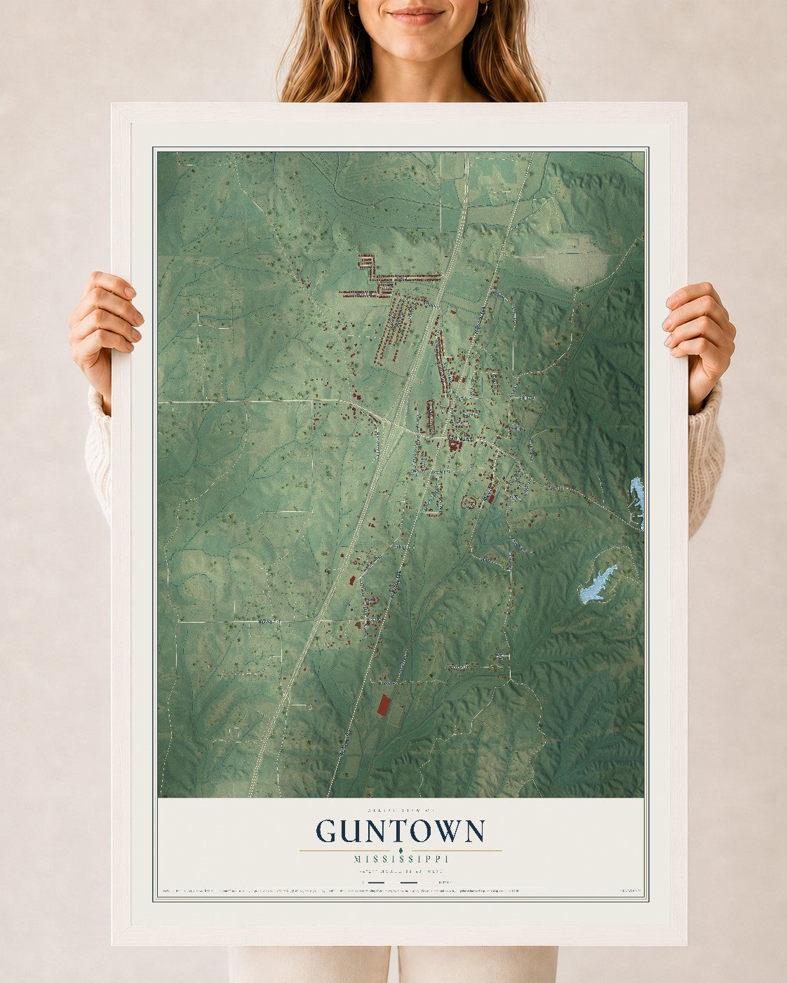 Map of Guntown, Mississippi, 24 x 36 inch print in a white wood frame