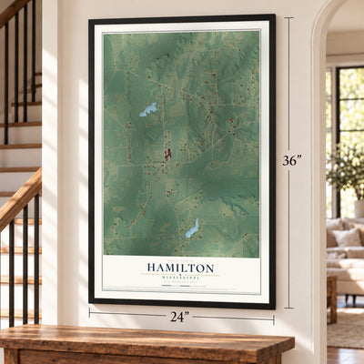 Hamilton, Mississippi map, 24 x 36 inch print in a black frame by a staircase