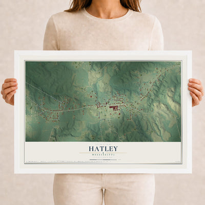 Map of Hatley, Mississippi, 12 x 18 inch print in a white wood frame