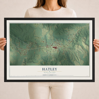 Map of Hatley, Mississippi, 18 x 24 inch print in a black wood frame