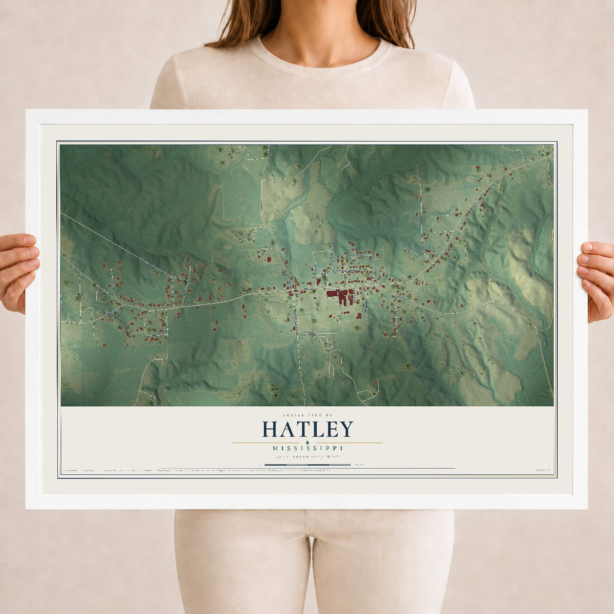 Map of Hatley, Mississippi, 18 x 24 inch print in a white wood frame