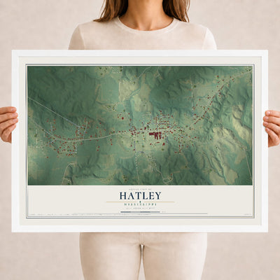 Map of Hatley, Mississippi, 18 x 24 inch print in a white wood frame