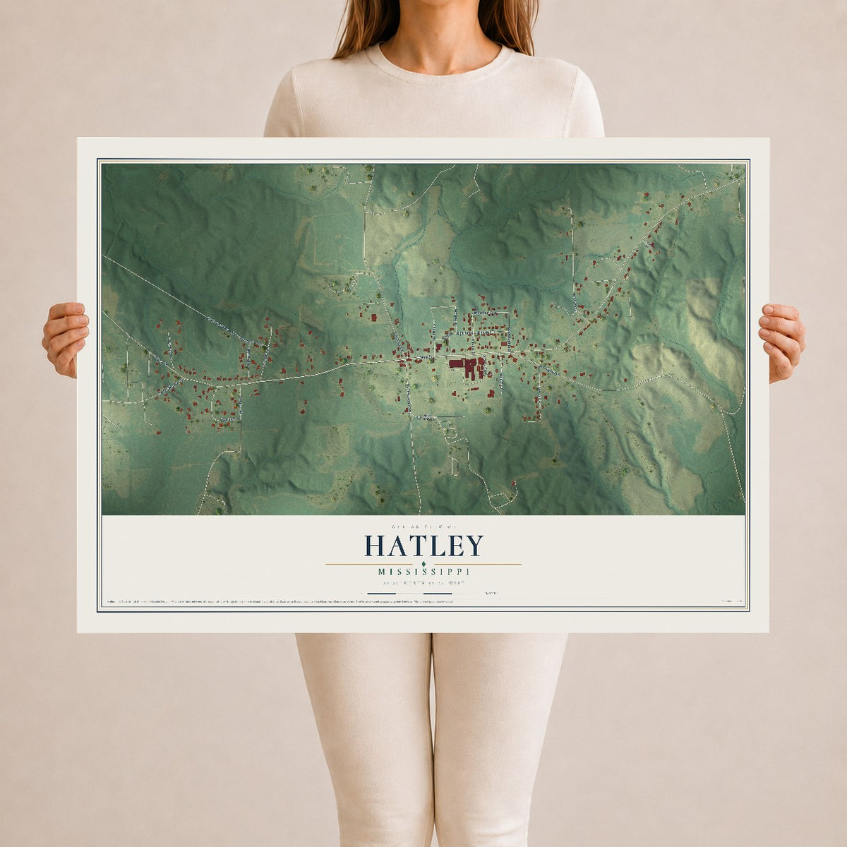 Map of Hatley, Mississippi, 24 x 36 inch unframed archival matte print