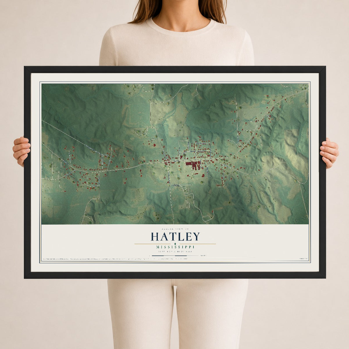 Map of Hatley, Mississippi, 24 x 36 inch print in a black wood frame
