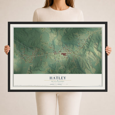 Map of Hatley, Mississippi, 24 x 36 inch print in a black wood frame