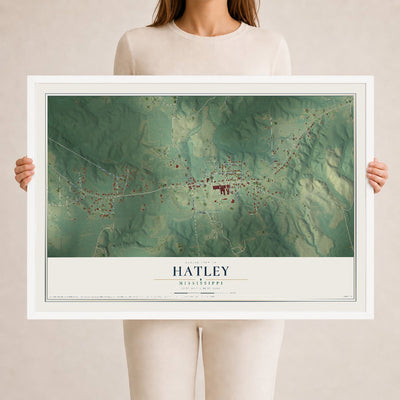 Map of Hatley, Mississippi, 24 x 36 inch print in a white wood frame