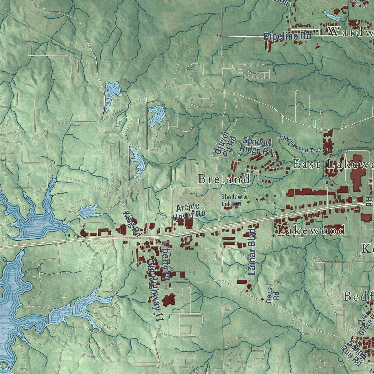 Second close-up of the map of Hattiesburg, Mississippi print showing more streets and buildings