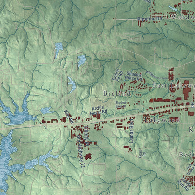 Second close-up of the map of Hattiesburg, Mississippi print showing more streets and buildings