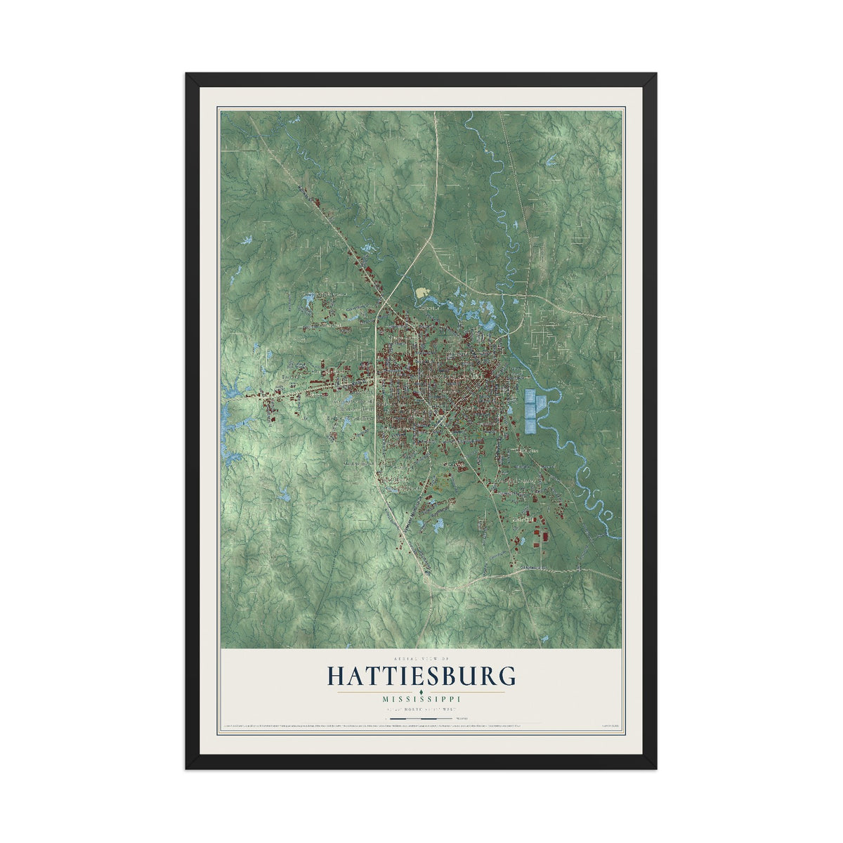 Map of Hattiesburg, Mississippi, 12 x 18 inch print in a black wood frame