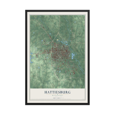 Map of Hattiesburg, Mississippi, 12 x 18 inch print in a black wood frame