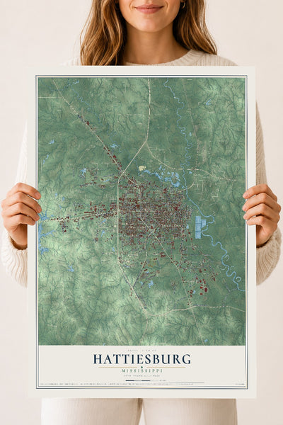 Map of Hattiesburg, Mississippi, 18 x 24 inch unframed archival matte print