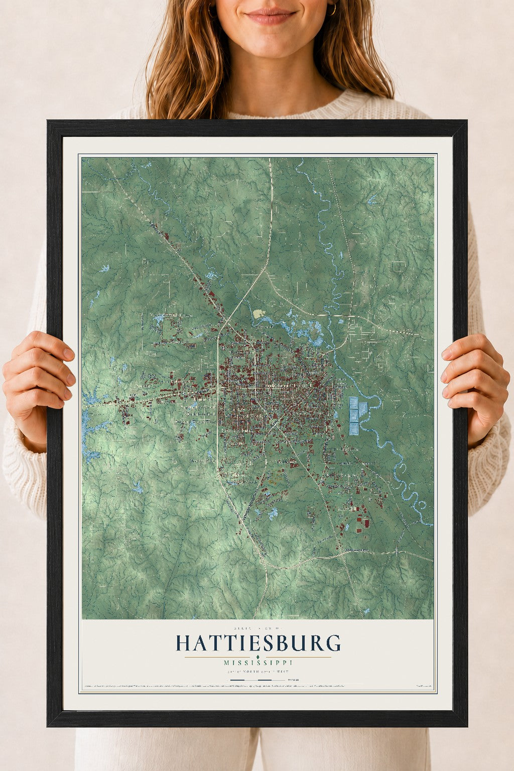 Map of Hattiesburg, Mississippi, 18 x 24 inch print in a black wood frame