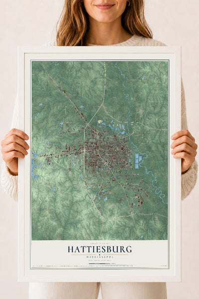 Map of Hattiesburg, Mississippi, 18 x 24 inch print in a white wood frame