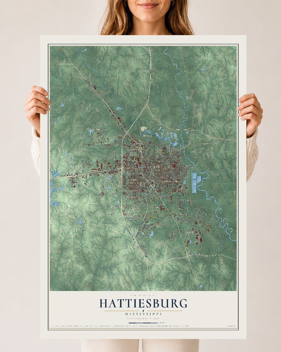 Map of Hattiesburg, Mississippi, 24 x 36 inch unframed archival matte print
