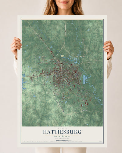 Map of Hattiesburg, Mississippi, 24 x 36 inch unframed archival matte print
