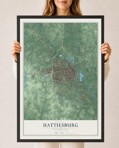 Map of Hattiesburg, Mississippi, 24 x 36 inch print in a black wood frame