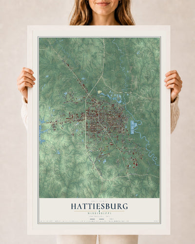 Map of Hattiesburg, Mississippi, 24 x 36 inch print in a white wood frame