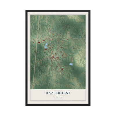 Map of Hazlehurst, Mississippi, 12 x 18 inch print in a black wood frame