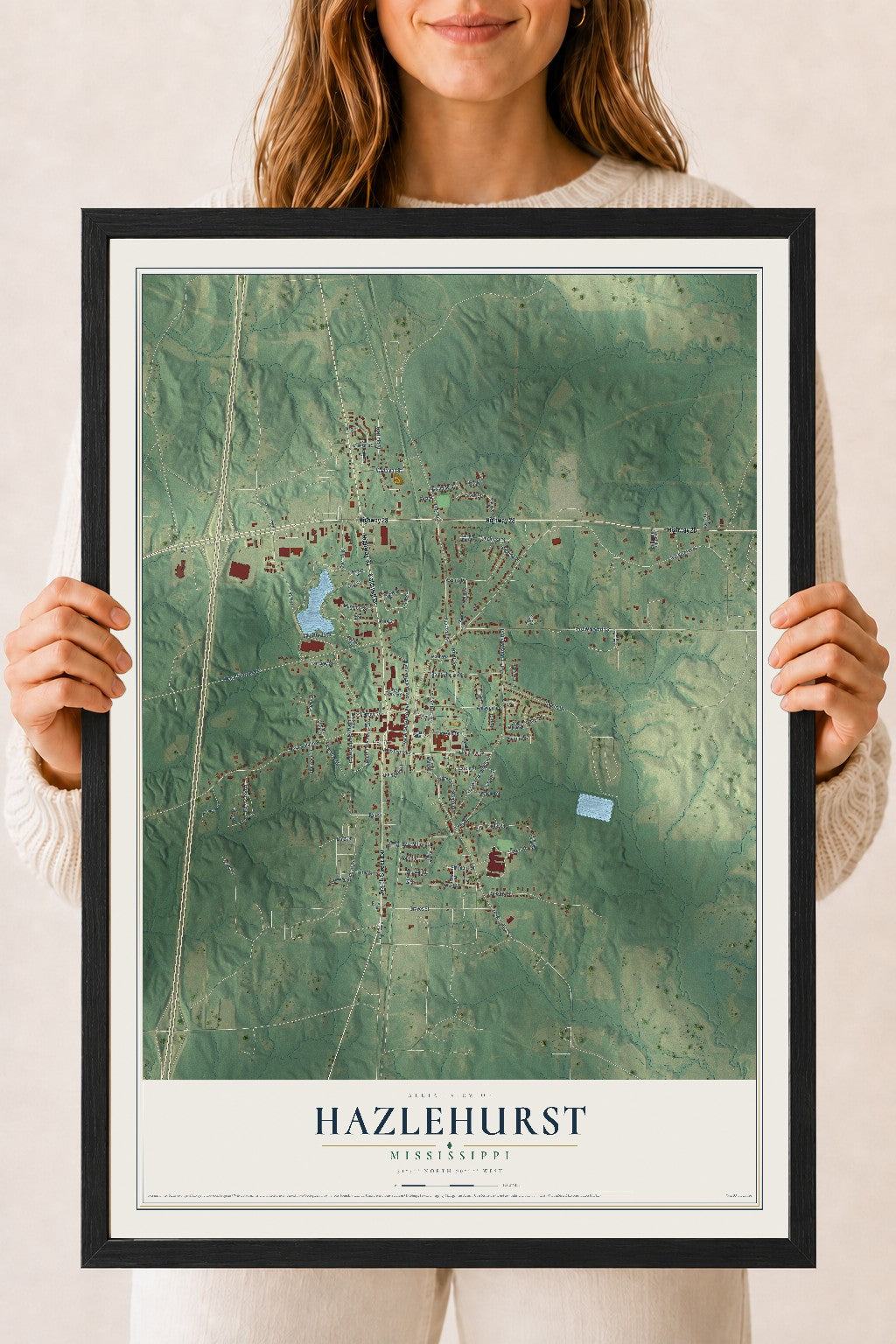 Map of Hazlehurst, Mississippi, 18 x 24 inch print in a black wood frame