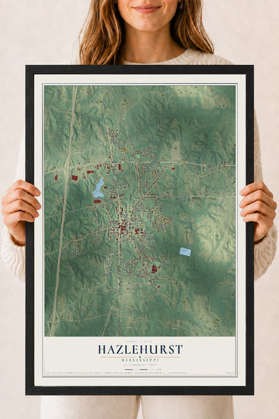 Map of Hazlehurst, Mississippi, 18 x 24 inch print in a black wood frame