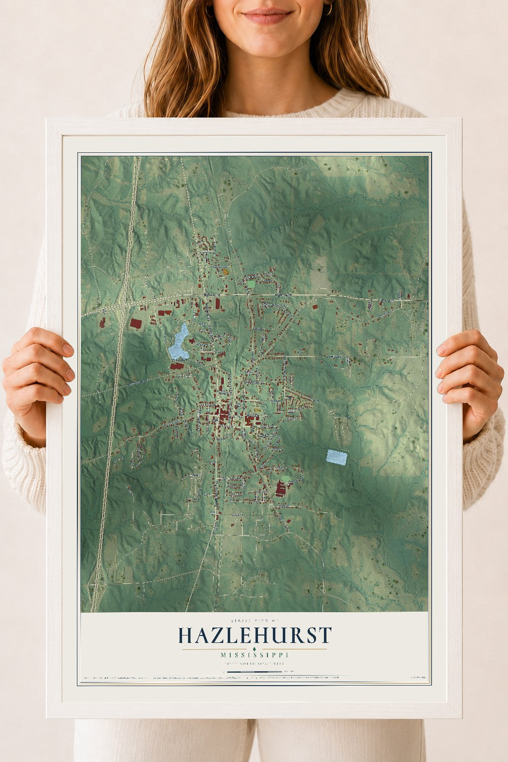 Map of Hazlehurst, Mississippi, 18 x 24 inch print in a white wood frame