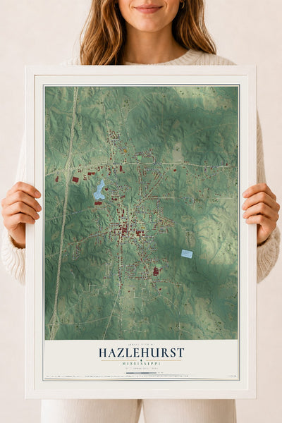 Map of Hazlehurst, Mississippi, 18 x 24 inch print in a white wood frame