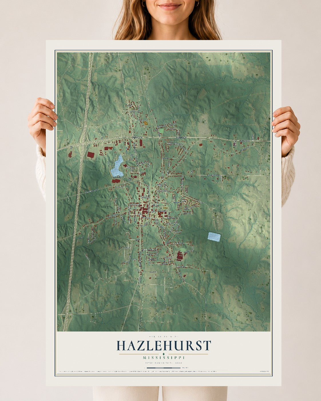 Map of Hazlehurst, Mississippi, 24 x 36 inch unframed archival matte print