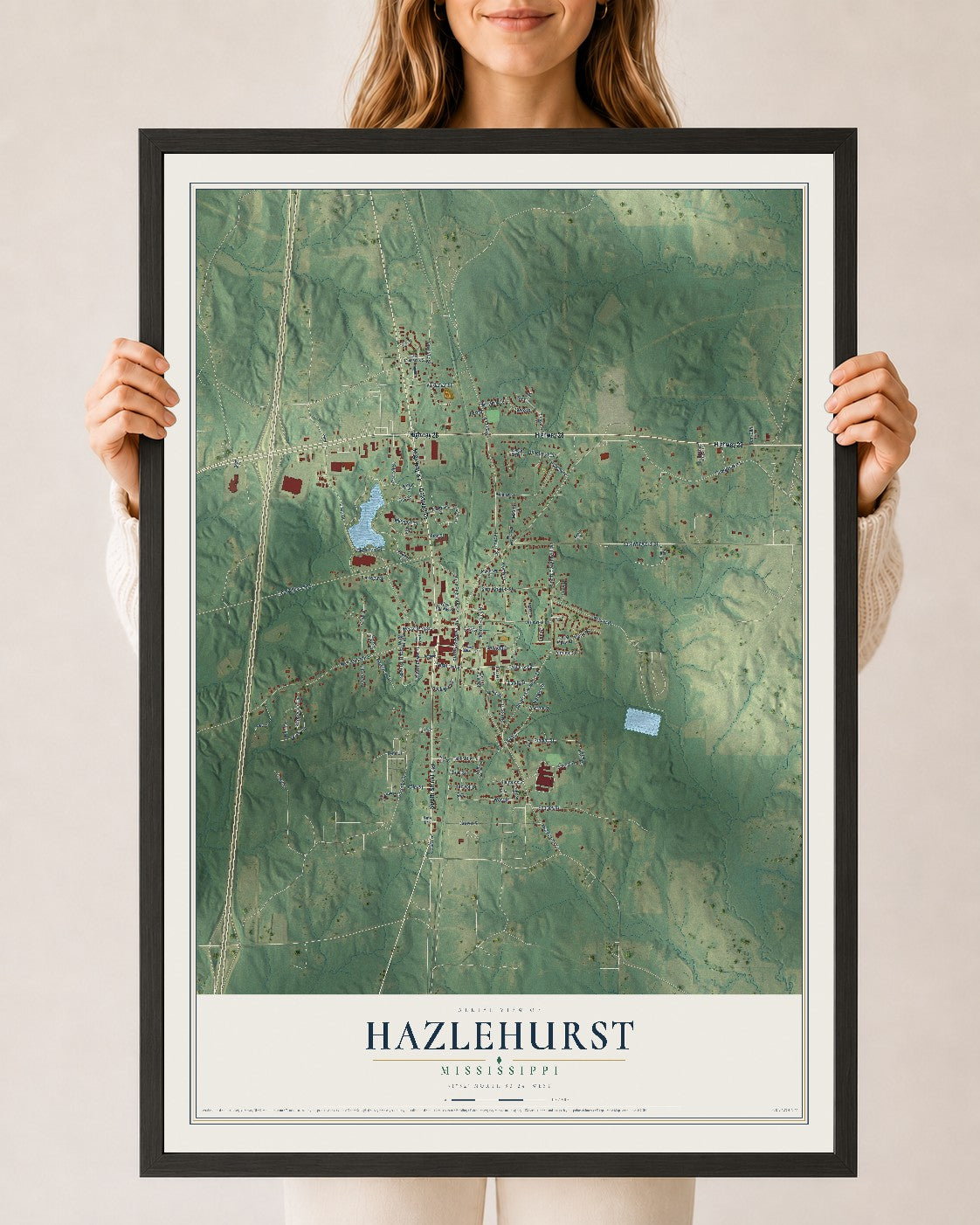 Map of Hazlehurst, Mississippi, 24 x 36 inch print in a black wood frame