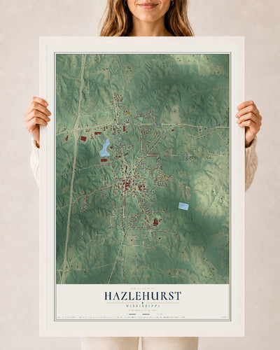 Map of Hazlehurst, Mississippi, 24 x 36 inch print in a white wood frame