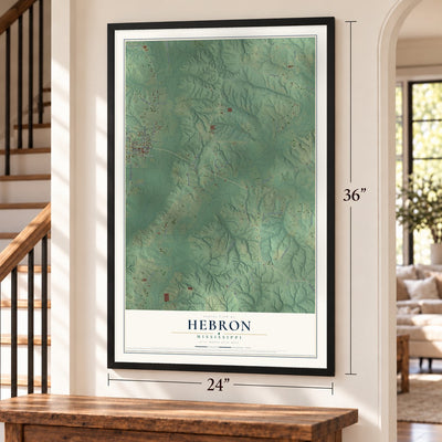 Hebron, Mississippi map, 24 x 36 inch print in a black frame by a staircase
