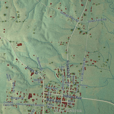 Close-up of the map of Hebron, Mississippi print showing street and building detail
