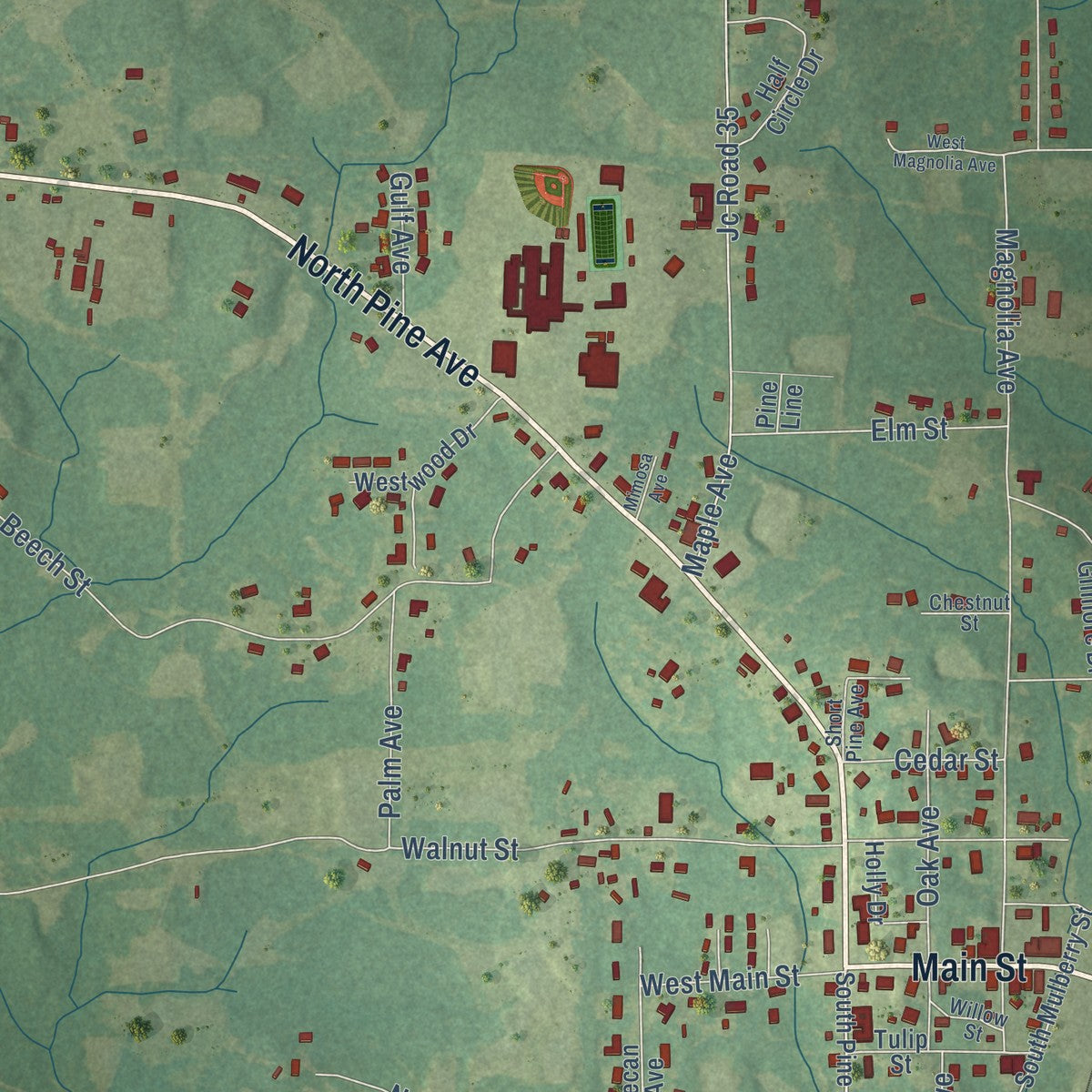 Close-up of the map of Heidelberg, Mississippi print showing street and building detail
