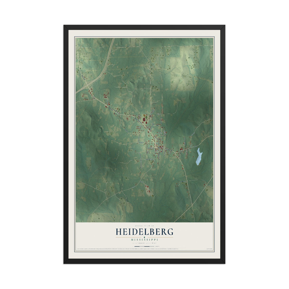 Map of Heidelberg, Mississippi, 12 x 18 inch print in a black wood frame