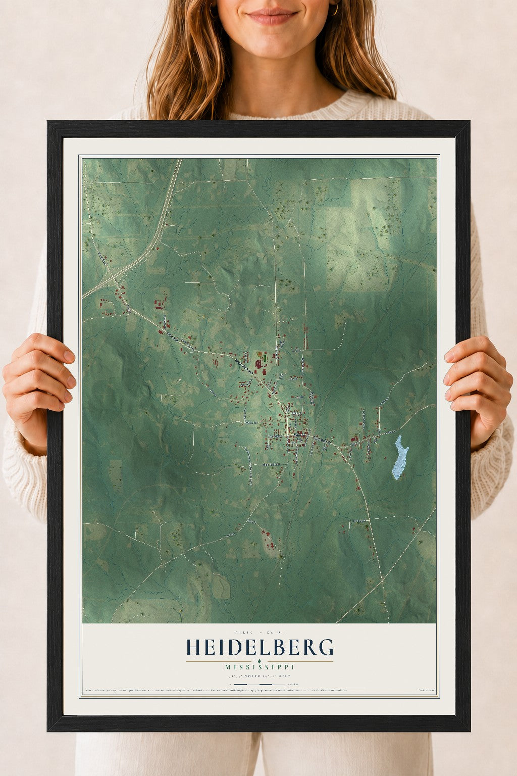 Map of Heidelberg, Mississippi, 18 x 24 inch print in a black wood frame