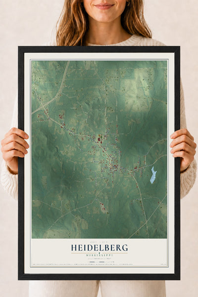 Map of Heidelberg, Mississippi, 18 x 24 inch print in a black wood frame