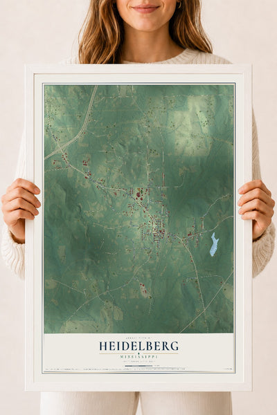 Map of Heidelberg, Mississippi, 18 x 24 inch print in a white wood frame