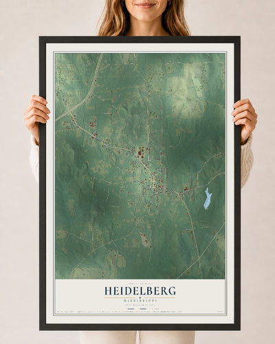 Map of Heidelberg, Mississippi, 24 x 36 inch print in a black wood frame