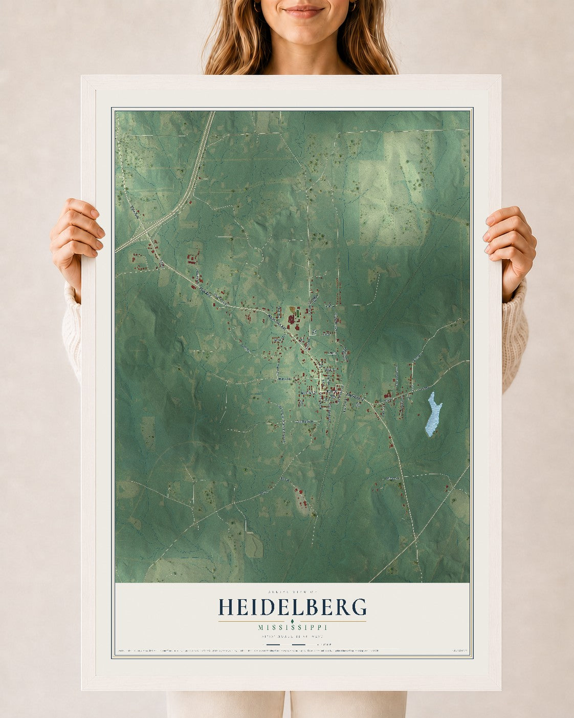 Map of Heidelberg, Mississippi, 24 x 36 inch print in a white wood frame