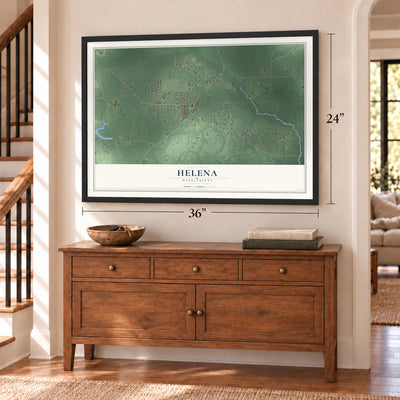 Helena, Mississippi map, 24 x 36 inch print in a black frame above a dresser by a staircase