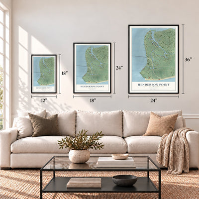 Henderson Point, Mississippi map in 12 x 18, 18 x 24 and 24 x 36 inch sizes above a sofa