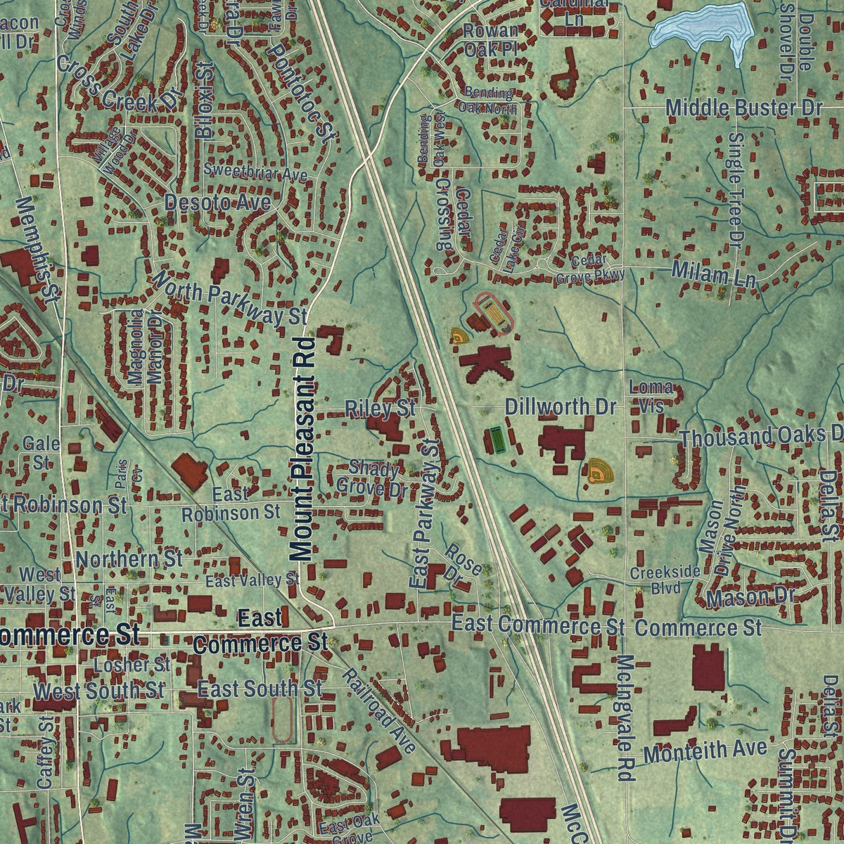 Close-up of the map of Hernando, Mississippi print showing street and building detail