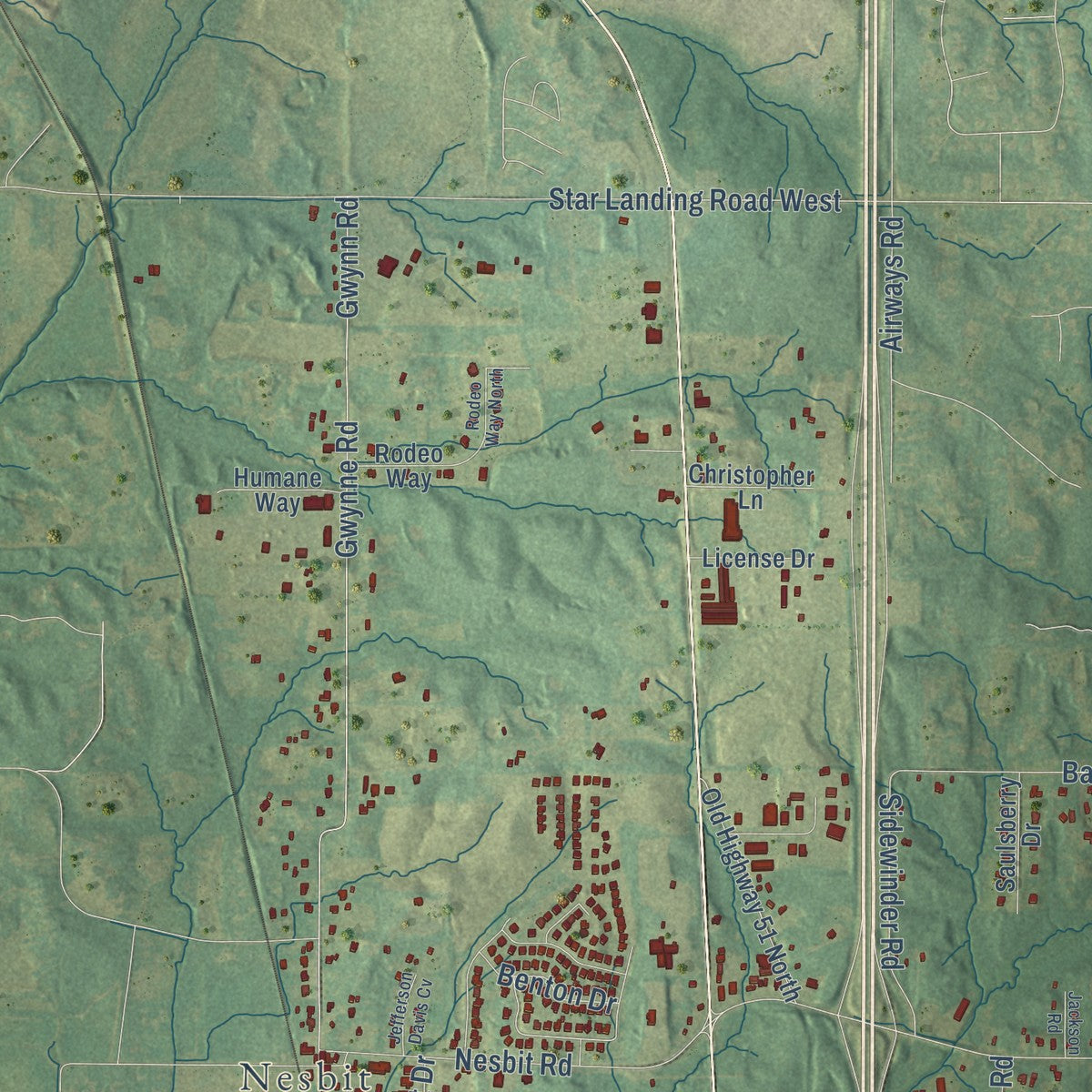 Second close-up of the map of Hernando, Mississippi print showing more streets and buildings