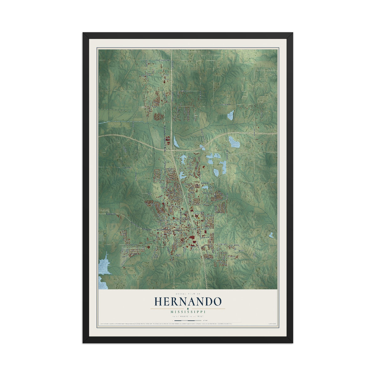 Map of Hernando, Mississippi, 12 x 18 inch print in a black wood frame