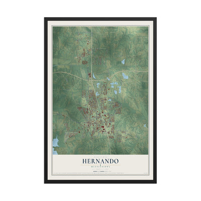 Map of Hernando, Mississippi, 12 x 18 inch print in a black wood frame
